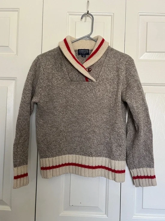 Lands' End Women’s Taupe Shawl Collar Sweater with Cream and Red Trim Size M - Picture 1 of 4